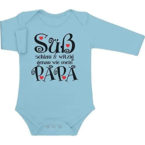 Produktbild: Shirtgeil Babybody mit Spruch Süß Schlau & Witzig genau wie mein Papa Baby Body Langarm Newborn Hellblau
