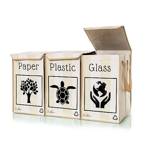 Produktbild: Shiva Green Mulltrennsystem 3fach - Altglas Sammelbehälter - Recycling System - Leergut Sammelbehälter - Altpapier Sammler - aus Plastik und Glas mit Deckel