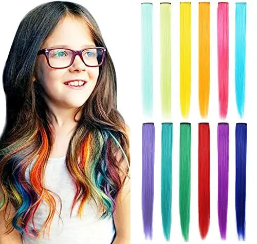 Produktbild: SHKJCHP 12 Stück Farbige Haarverlängerungen Highlights 21 Zoll Langes Glattes Haarsträhnen Zum Einklipsen Farbiger Clip in Haarverlängerungen Bunte Haarsträhnen für Damen