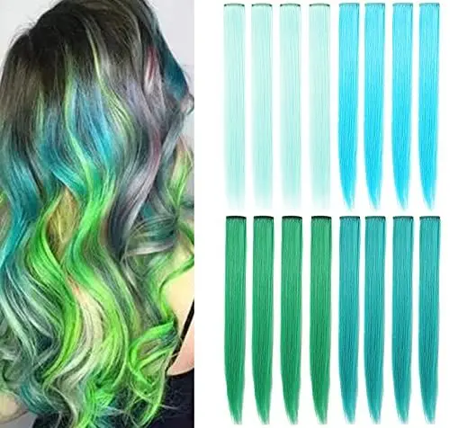 Produktbild: SHKJCHP Farbige Haarverlängerung 12 Stück Blaugrün Blau Hellgrün Grün Haarteil für Damen Princess Party Highlight Bunte Gglatte Haarverlängerungen Clip in Kostümen, 50cm