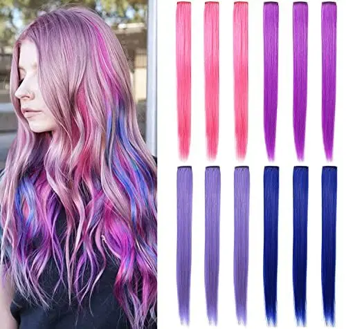 Produktbild: SHKJCHP Farbige Haarverlängerungen Clip Mädchen Damen Zubehör 55cm Lange Gerade Haarteile Haarschmuck 12 Stück (Rosa, Lavendel, Lila, Blau)