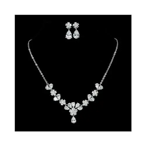 Produktbild: shmily Premium Zirkonia Schmuckset Collier + Ohrstecker Brautschmuck Hochzeitsschmuck Kette KS0009 (Weiß 10)