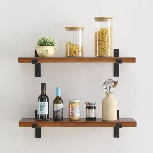 Produktbild: SHOCOKO Rustikales Wand-Bücherregal, Massivholz und Metall-Schweberegal, industrielles Hängeregal für Küche, Schlafzimmer, Wohnzimmer, 2er-Set (braun, 60cm x 20cm)