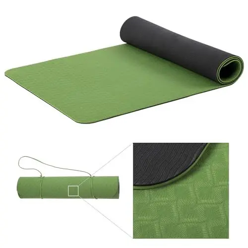 Produktbild: SHOP LC Rutschfeste Yogamatte, TPE Trainingsmatte für Fitness, Pilates & Gymnastik, leichte Reisematte für zu Hause oder draußen mit Trageriemen, Dicke 6 mm grün