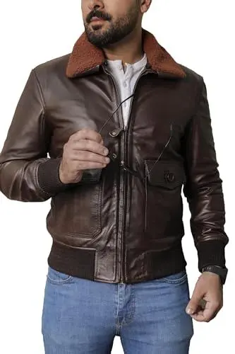 Produktbild: SHOP OF JACKETS LIMITED Herren Fliegerjacke aus echtem Leder, Dunkelblau, braun, XL