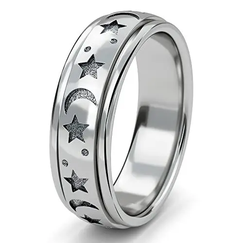 Produktbild: SHOP LC Anti-Stress-Drehring für Damen und Herren | Drehring aus 925er Sterlingsilber mit Mond- und Sternendesign | Zappel-Angstring | Geschenkring aus Silber, Gold und Roségold