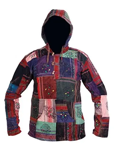 Produktbild: SHOPOHOLIC FASHION Ezhippie Herren-Patchwork-Hemd mit Kapuze, Mehrfarbig, Baumwolle, leicht, langärmelig, böhmischer Kapuzenpullovermehrfarbig, XXXL