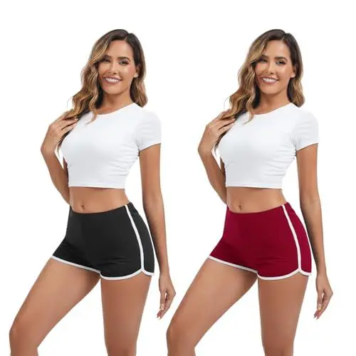 Produktbild: Shorts Damen Baumwolle Yoga Tanz Kurz Sporthose Jogginghose Sommerhose Sweathose Atmungsaktive Laufshorts Trainingshose zum Fitness Gym Running für Frauen (Schwarz+Wein, M)