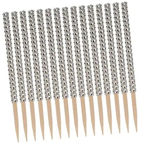 Produktbild: SHOWERORO 32st Apfelstäbchen Boho Goldfarbener Palmblatt-kuchenaufsatz Cake-pop-Taschen Strass-Lollipop-Sticks Lollipop Leckerbissen Diamant Behandelt Stick Cake-pops-Sticks Silver Holz