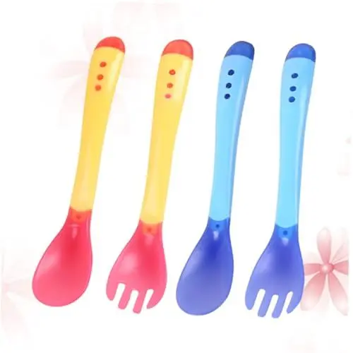 Produktbild: SHOWERORO 4stücke Teiliges Babybesteck Temperaturfühler Ergonomische Und Löffel Gelb Und Blau Für Sicheres Füttern Von Kleinkindern Und -freie Materialien Für Warme Speisen