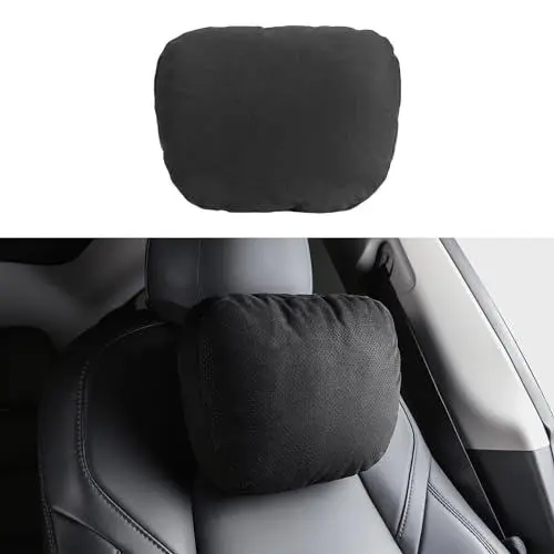 Produktbild: ShowEv Tesla Kopfstützenkissen Nackenkissen Mit abnehmbarem Befestigungsband für Tesla Model Y/3/X/S Universal Fit Nackenstützkissen（Wildleder, Schwarz, 1 Stück）