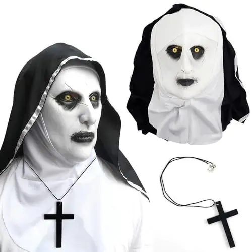 Produktbild: SHOWHEEL Gruselige Nonnen Maske mit 1 Kreuz, The Nonn Gruselige Latex- Maske, Halloween Nonne Cosplay Scary Latex Horror Maske mit Kopftuch für Erwachsene Halloween Cosplay Kostüm Party Requisiten