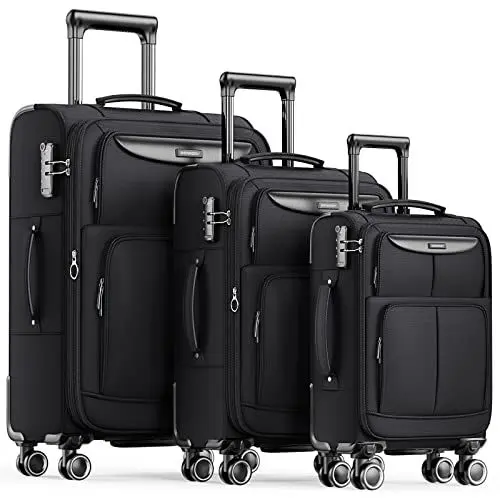 Produktbild: SHOWKOO Kofferset 3 Teilig Stoffkoffer Weichschale Erweiterbar Reisekoffer Leicht Haltbar Trolley Handgepäck Sets mit TSA Schloss und 4 Rollen (M L XL -Schwarz)