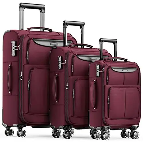 Produktbild: SHOWKOO Kofferset 3 Teilig Stoffkoffer Weichschale Erweiterbar Reisekoffer Leicht Haltbar Trolley Handgepäck Sets mit TSA Schloss und 4 Rollen (M L XL -Rot)