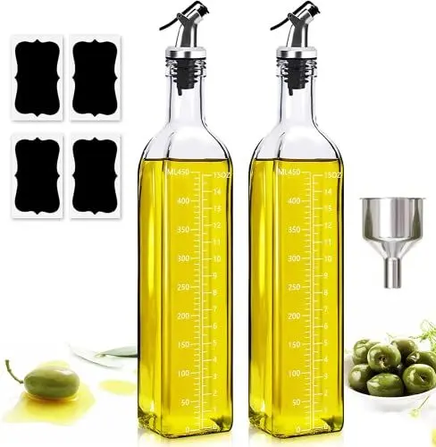 Produktbild: Showvigor Ölflasche, 2 Packung mit 500ML Essig und Ölspender Set mit Trichter, Antifouling-Abdeckung, Etikett, Olivenöl Flasche Behälter mit klarer Skala, Glasflasche für Küche und BBQ