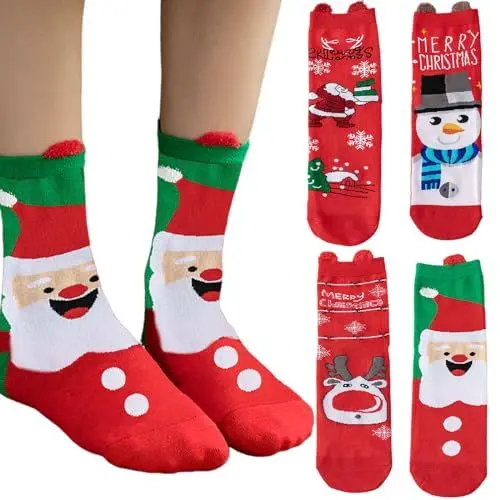 Produktbild: SHRADS 4 Paar Weihnachtssocken, weihnachtliche festliche Baumwollsocken, weihnachtliche Wadensocken, Thermosocken für Erwachsene und Kinder, können als Weihnachtsgeschenke verwendet werden
