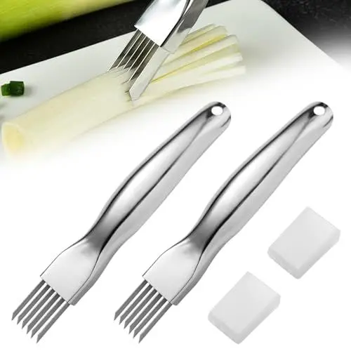 Produktbild: Shred Silk The Knife, 2024 New Spring Onion Slicer, Upgrade Edelstahl Scallion Slicer, Zwiebelmesser Zwiebel Shredder Messer Scallion Cutter Obst Gemüse Lebensmittel Knoblauch Chopper (2PCS)