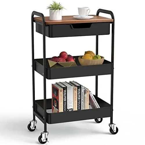 Produktbild: Shrivee 3-Tier Küchenwagen mit Tisch und Schublade, Allzweckwagen, Metallnutzungen Rollwagen, Regalwagen für Bürosalon, Allzweckkosmetik, Servierwagen für Küche, Badezimmer, Büro (Schwarz)