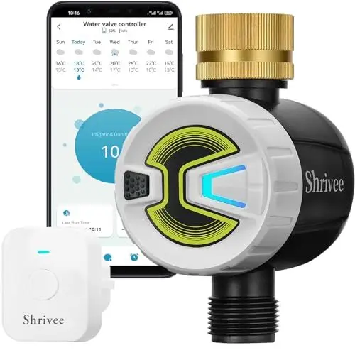 Produktbild: Shrivee Bewässerungscomputer WLAN mit Messing-Wassereinlass, APP-Steuerung über 2,4 GHz WLAN und Bluetooth, Niederschlagsverzögerung, manueller/automatischer Bewässerungscomputer