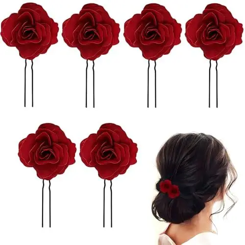 Produktbild: SHSHbuy Rose Blume Haarnadel,6 Stück Haarspangen Damen,Braut Haarschmuck Aufstecken Rosen Blumen Haarspangen U-Form für Frauen Mädchen Party Hochzeit