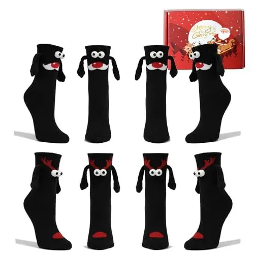 Produktbild: Shujin 4 Paar Weihnachtssocken mit magnetarmen Unisex 3D Puppes Paar Socken,Hand in Hand Socken Magnet Freundschaftssocken mit Händen Lustige Christmas Socks, Box/Schwarz Elch+Schwarz Bart