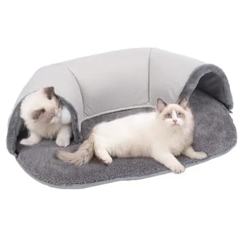 Produktbild: Shujin Katzentunnel Katzenbett Katzen Spieltunnel mit hängendem Ballspielzeug,2-in-1 Katzen Bett Cat Tunnel,Katzentunnelbett Katzenhöhle für Katzen Kaninchen Welpen(Grau,S-66 * 45 * 17cm)