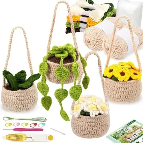 Produktbild: Shujin Komplett Häkelset für Anfänger,4 Stück Hängende Topfpflanzen Häkeltiere Set, Strickset mit Häkelnadeln Garn,Schritt-für-Schritt-Anleitungsvideo, Häkel-Starter-Kit für DIY Geschenk