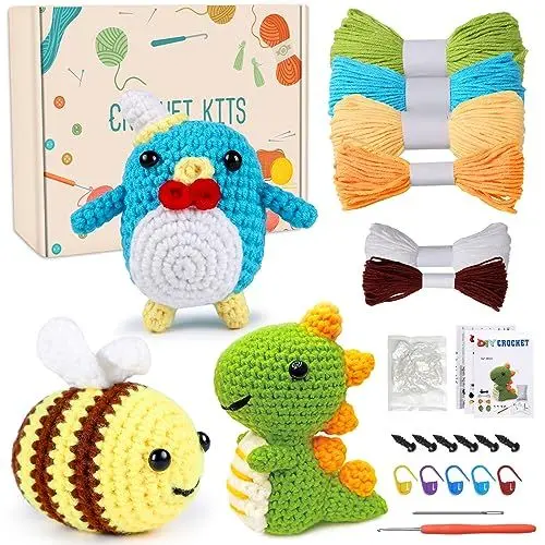 Produktbild: Shujin Komplett Häkelset für Anfänger Tiere,3 Stück Lustiges Häkeltiere Set, Strickset mit Häkelnadeln Garn,Schritt-für-Schritt-Anleitungsvideo, Häkel-Starter-Kit für DIY(Biene, Dinosaurier, Pinguin)