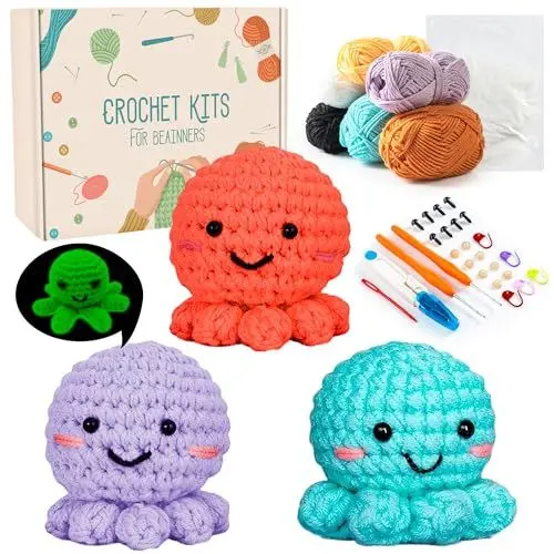 Produktbild: Shujin Komplett Häkelset für Anfänger Tiere,Leuchtende Häkeltiere Set, Strickset mit Häkelnadeln Garn,Schritt-für-Schritt-Anleitungsvideo DIY(Leuchtes Einhorn,Kleines Einhorn,Großes Einhorn)