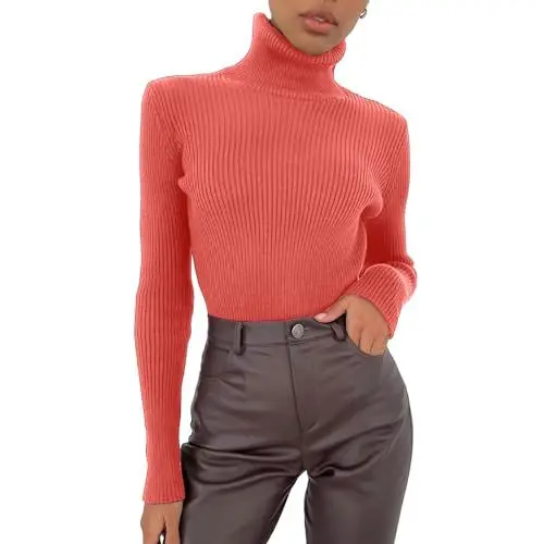 Produktbild: Shujin Rollkragenpullover Damen Dünn Pullover Basic Langarm Strickpullover Weich Stretch Strickpulli Elegant Slim Fit Einfarbig Pulli Sweatshirts für Herbst Winter(Wassermelonenrot,One Size)
