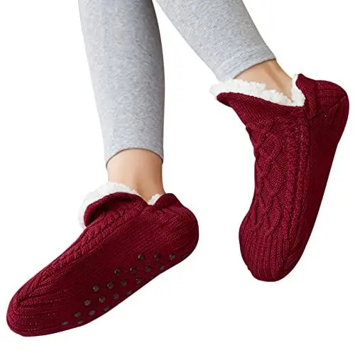 Produktbild: Shujin Unisex Kuschelsocken mit ABS Sohle Winter Strick Stoppersocken Warme Hüttensocken Dicke Hausschuhe Socken Bettscoken Flauschig Pantoffelsocken(Weinrot,35/39 EU)