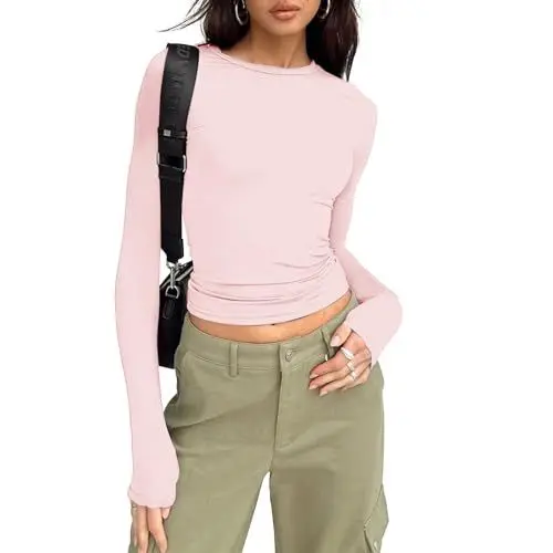 Produktbild: Shujin Y2K Langarmshirt Crop Top Damen Sexy Slim Fit Party Cropped Tee Basic Enges Oberteile Casual Athletisch Bauchfrei Teenager Mädchen Outfits Streetwear (Rosa, S)