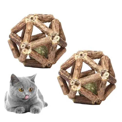 Produktbild: SHULLIN 2 Stück Spielzeug mit Katzenminze Katzenspielzeug Spielzeug Natürliche Silvervine Stick Käfig Bälle Katzenminze Ball Katze Interaktive Spielzeug Katzenminze Balls Spielzeug für Katze