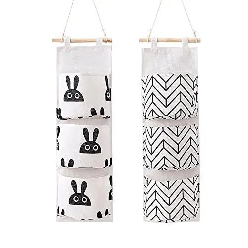 Produktbild: SHULLIN 2 Stücke Wand Hängen Tasche Utensilientaschen Hängende Tasche Hängender Organizer Leinen Stoff Wasserdicht Faltbares Hängend mit 3 Taschen für Kinderzimmer Badezimmer Schlafzimmer Büro
