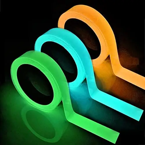 Produktbild: SHULLIN 3 Stück 10mm Selbstklebendes Fluoreszierendes Klebeband Wasserdicht Luminous Tape Warnband Leuchtendes Markierungsband Phosphor Klebeband für Sicherheitszeichen(grün,blau,gelb)