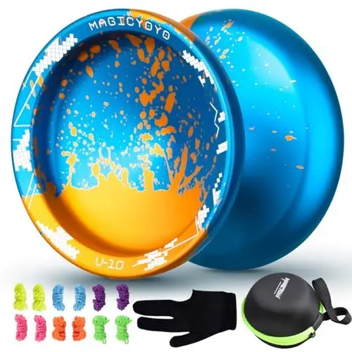 Produktbild: SHUNGRU JoJo V10 Blau Golden, Profi Unresponsive Jo-Jo für Kinder/Erwachsene, Trick JoJo mit Finger Spin Hub, Metall JoJo Legierung Aluminium Jo Jo Ball mit 12 JoJo-Saiten, JoJo Koffer und Handschuh