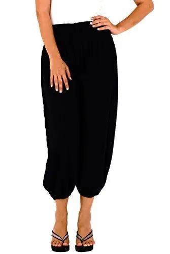 Produktbild: SHU-SHI - Damen Haremshose im Boho-Stil - weite Capri-Hose mit elastischem Bund & seitlicher Tasche - Schwarz - L