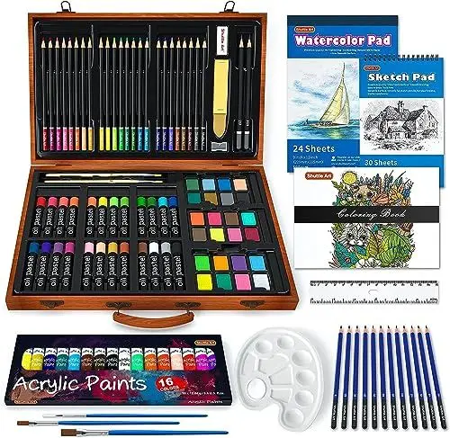 Produktbild: Shuttle Art 118 teiliges Malset, Deluxe Malkoffer mit Acrylfarben, Buntstift, Ölpastellkreide, Aquarellfarben, Wachsmalstifte, Malbuch, Aquarellblock, Holzkoffer, für Kinder und Erwachsene geeignet