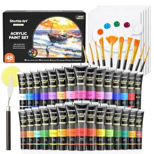 Produktbild: Shuttle Art 48 teiliges Acrylfarben Set, 30 Acryl Farben in Tuben(je 36ml) mit 10 Pinselset, 5 Leinwänden, 1 Spachtel, 1 Palette, 1 Schwamm, Künstlerqualität, für Glas, Stein, Tontöpfe, Holz geeignet