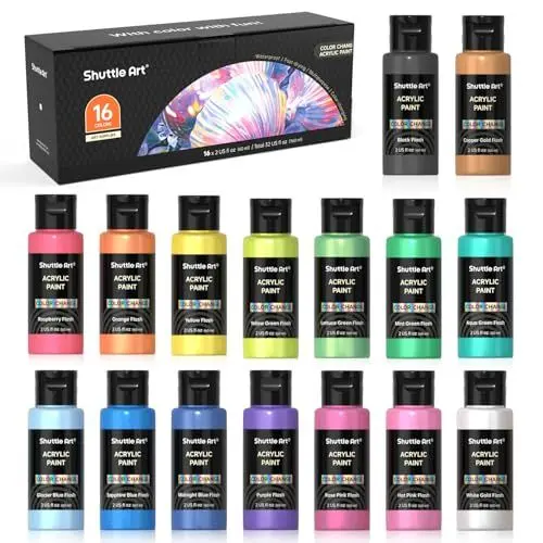 Produktbild: Shuttle Art Acrylfarben Set, 16 Chamäleonfarben in Flaschen (je 60ml), Acrylfarben mit Perlglanz, für Leinwand, Glas, Steine, Nägel, Wände, Tontöpfe, Keramik, Holz geeignet