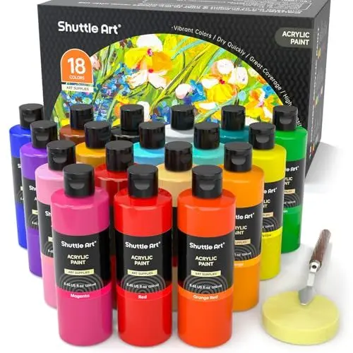 Produktbild: Shuttle Art Acrylfarben Set, 18 Acrylfarben in Flaschen (je 250ml, 8,45oz), hochpigmentierte Acrylfarben, Premiume Acrylfarben für Künstler, Anfänger und Erwachsene auf Steine, Leinwand, Holz geeignet