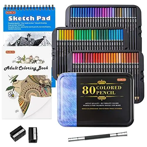 Produktbild: Shuttle Art Buntstifte Set, 80 professionelle Buntstifte für Erwachsene und Kinder, Farbstifte Set mit Malbuch, Skizzenbuch, Spitzer, Bleistiftverlängerer und Eisenbox, Buntstifte Kinder, Holzstifte