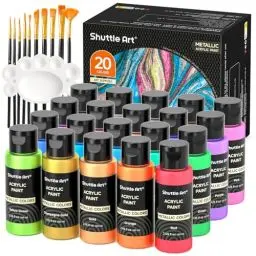 Produktbild: Shuttle Art Metallic Acrylfarben Set, 20x60ml Acrylfarben Metallic +10 Pinselset +1 Palette, Acrylic Paint Set für Kinder, Erwachsene zum Basteln, Malen, Dotting auf Leinwand, Holz, Stein, Halloween