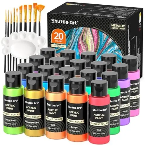 Produktbild: Shuttle Art Metallic Acrylfarben Set, 20x60ml Acrylfarben Metallic +10 Pinselset +1 Palette, Acrylic Paint Set für Kinder, Erwachsene zum Basteln, Malen, Dotting auf Leinwand, Holz, Stein, Halloween