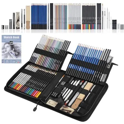 Produktbild: SHYOSUCCE 84 Stück Buntstifte und Skizzenstifte Set mit Organisierten Federmäppchen, Skizzenbuch, Aquarell Bleistifte für Anfänger und Pro Künstler, Skizzieren, Schattieren und Färben
