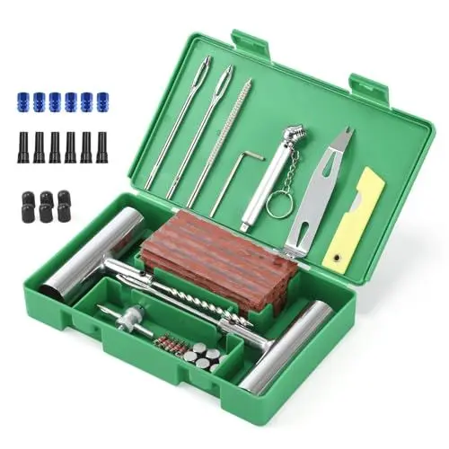 Produktbild: SHYOSUCCE Reifen Reparaturset, 71 Stück Reifenreparaturset Heavy Duty Flat Reparatur Set mit Reifendruckprüfer und Handschuhe für Auto, Motorrad, ATV, Jeep, LKW