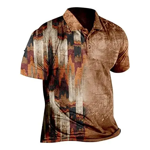 Produktbild: SHZFGUI Top Mens Festliche Ethno Oberteil Grosse GröSsen Lauschig Tailliertes Polyester Hausanzu Blusen Herren Knöpfe Kurzarm mit Reverskragen aztekisch Orange