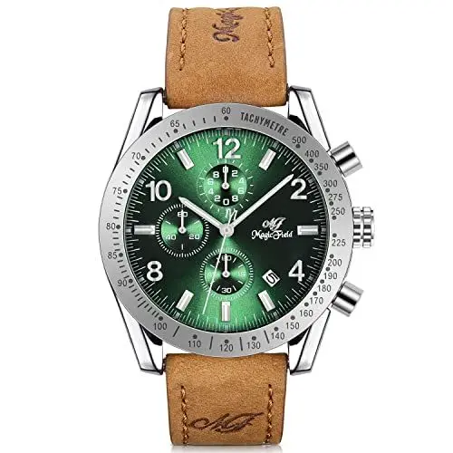 Produktbild: SIBOSUN Herren Uhren Chronograph mit Schnell Spanner 30M Wasserdichter Quarz Analog Armbanduhren Quarz Leuchtend DREI Sub Zifferblatt Lederband Big Face Mode Uhren-Grün Silber