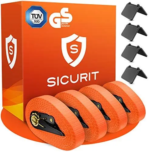 Produktbild: SICURIT. Spanngurte mit Ratsche – 4 Stück 6m, 1000Kg – TÜV G/S geprüft – DIN EN 12195-2 – Extrem robuste Zurrgurte - Ratschengurte zur Ladungssicherung – inkl. 4 Kantenschoner