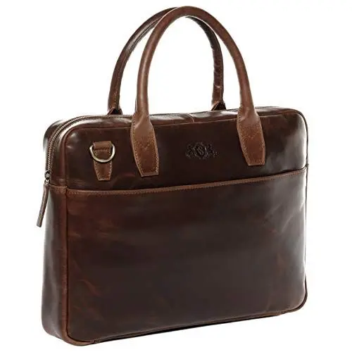Produktbild: SID & VAIN große Laptoptasche schmal echt Leder - 17 Zoll Laptop Business-Tasche Boston L - Umhängetasche Aktentasche mit Laptop-Fach - Ledertasche Herren und Damen braun handgefertigt